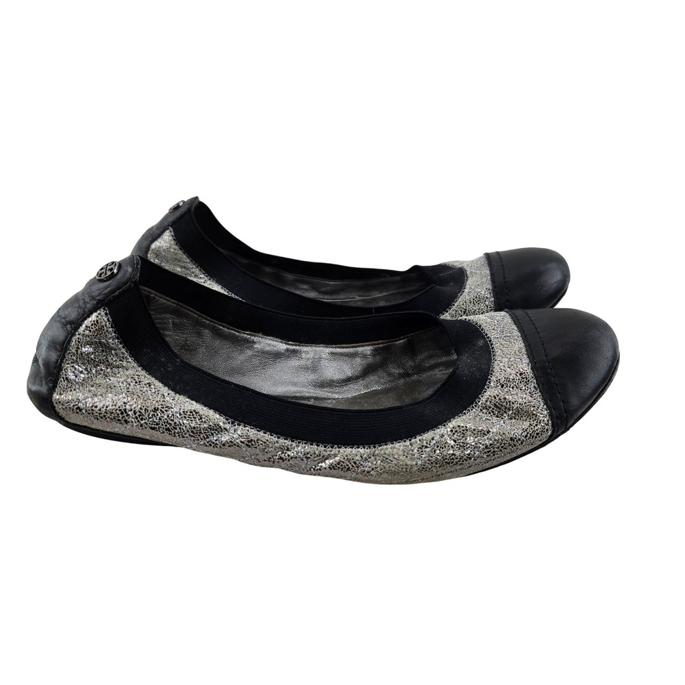 Tory Burch Bridgette Silver Metallic Black Cap Toe Ballet Flats 8.5 M Preppy
